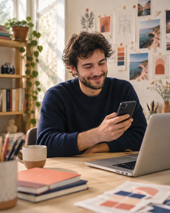 A freelance designer smiling at his phone at his desk