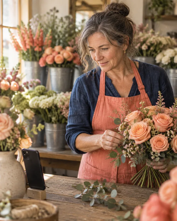 A florist arranging peach roses in her shop