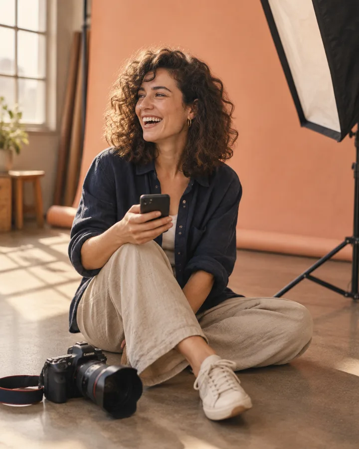 A photographer laughing at her phone in her studio
